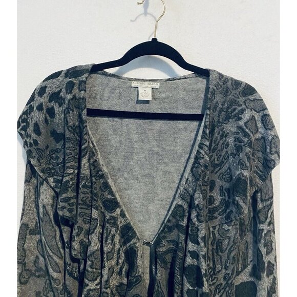 Alberto Makali Cardigan Sweater Womens Medium Gray Animal Print Ruffle Wool Boho - Picture 2 of 7